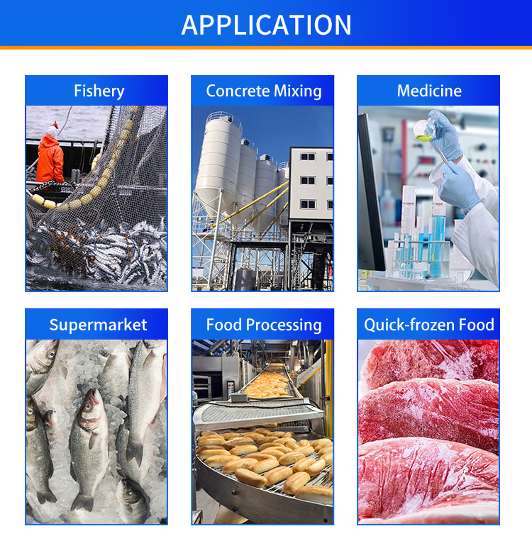 flake-ice-machine-application-scenarios Wide applications of flake ice machine, fishery seafood preservation, concrete cooling, food processing, medicine, supermarket and quick-frozen food industry