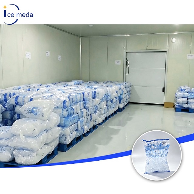  bagged edible ice stored in a hygienic cold storage room