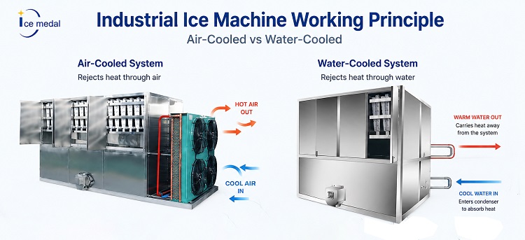 Air-cooled and water-cooled industrial ice machine working principle diagram